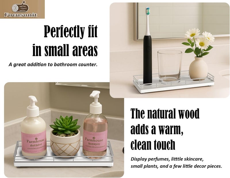 Focusonit Bathroom Counter Tray Oak Wood 11.2 Inch Jewelry Candle Makeup Perfume Holder for Coffee Table Decoration Bar Silver - Image 3