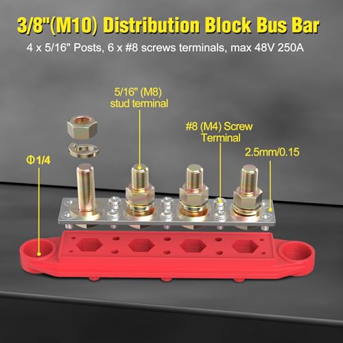 MOFEEZ Power Distribution Block Bus Bar, 4 x 5/16" Posts, 6 x #8 Screws Terminals, Max 48V 250A (Pair, Red & Black) - Image 4