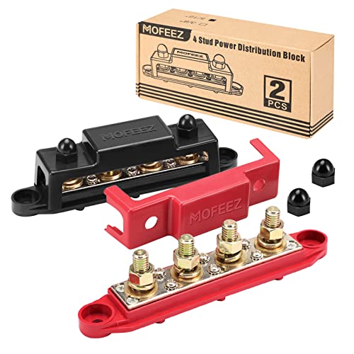 MOFEEZ Power Distribution Block Bus Bar, 4 x 5/16" Posts, 6 x #8 Screws Terminals, Max 48V 250A (Pair, Red & Black) - Image 1