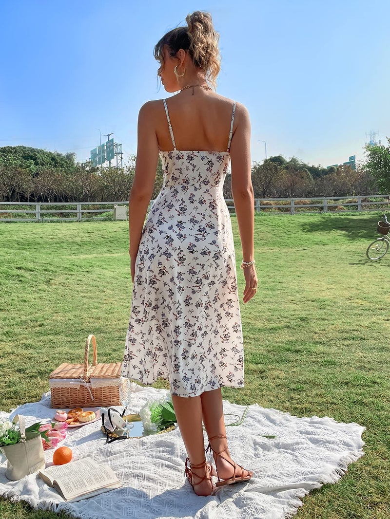 Floerns Women's Summer Split Thigh Spaghetti Strap Cami Midi Floral Dress A White Multi M - Image 2