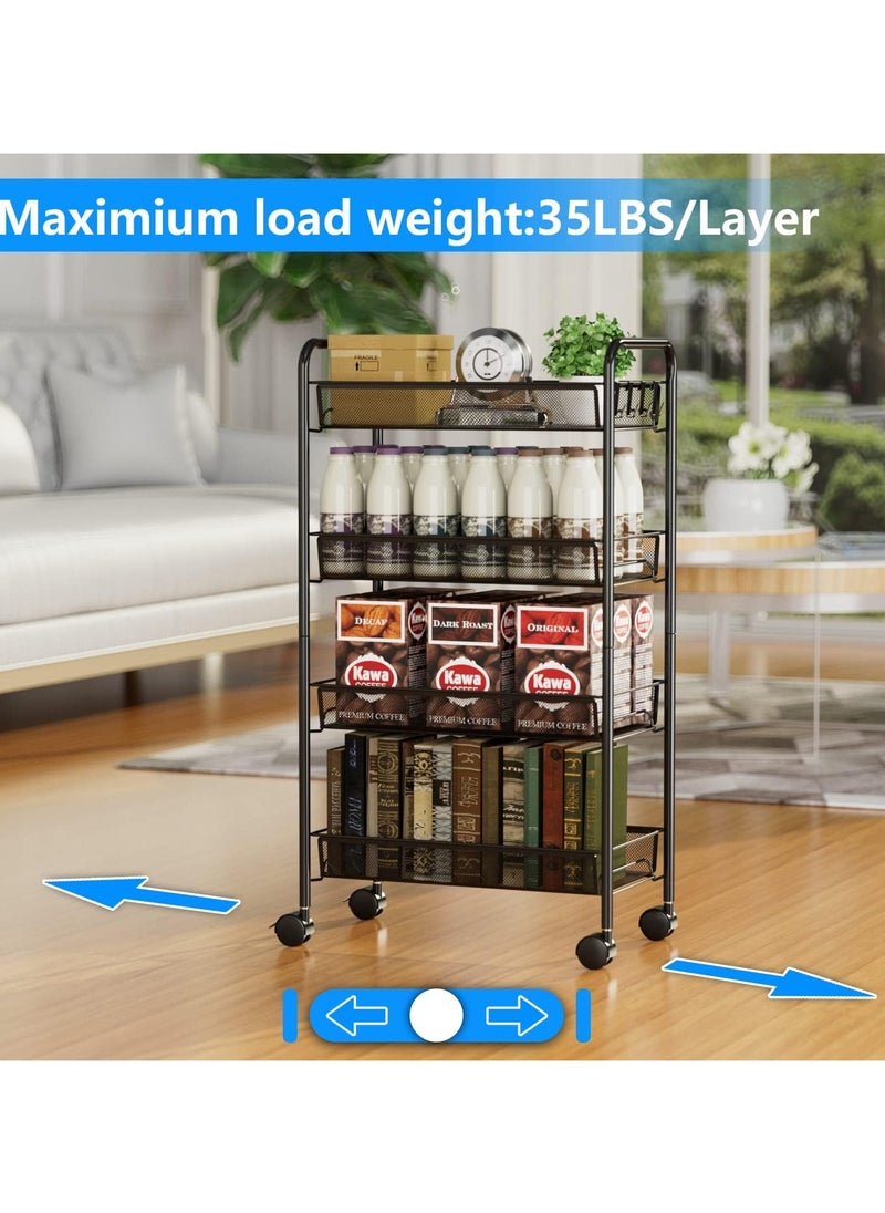 Generic - 4 Tier Mesh Wire Rolling Cart, Kitchen Storage Organizer Utility Cart, Full Metal Basket Storage Art Trolley Carts with Wheels & 4 Side Hooks - Image 1