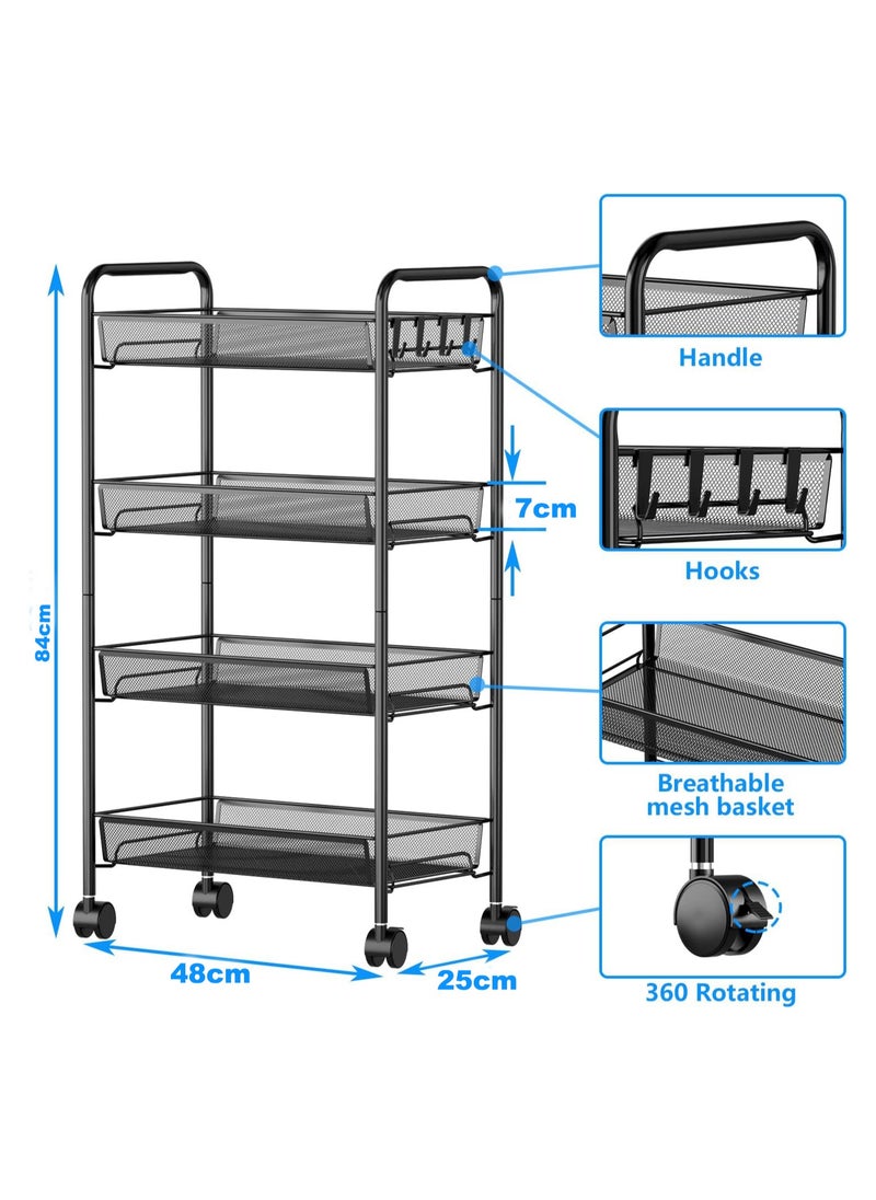Generic - 4 Tier Mesh Wire Rolling Cart, Kitchen Storage Organizer Utility Cart, Full Metal Basket Storage Art Trolley Carts with Wheels & 4 Side Hooks - Image 1
