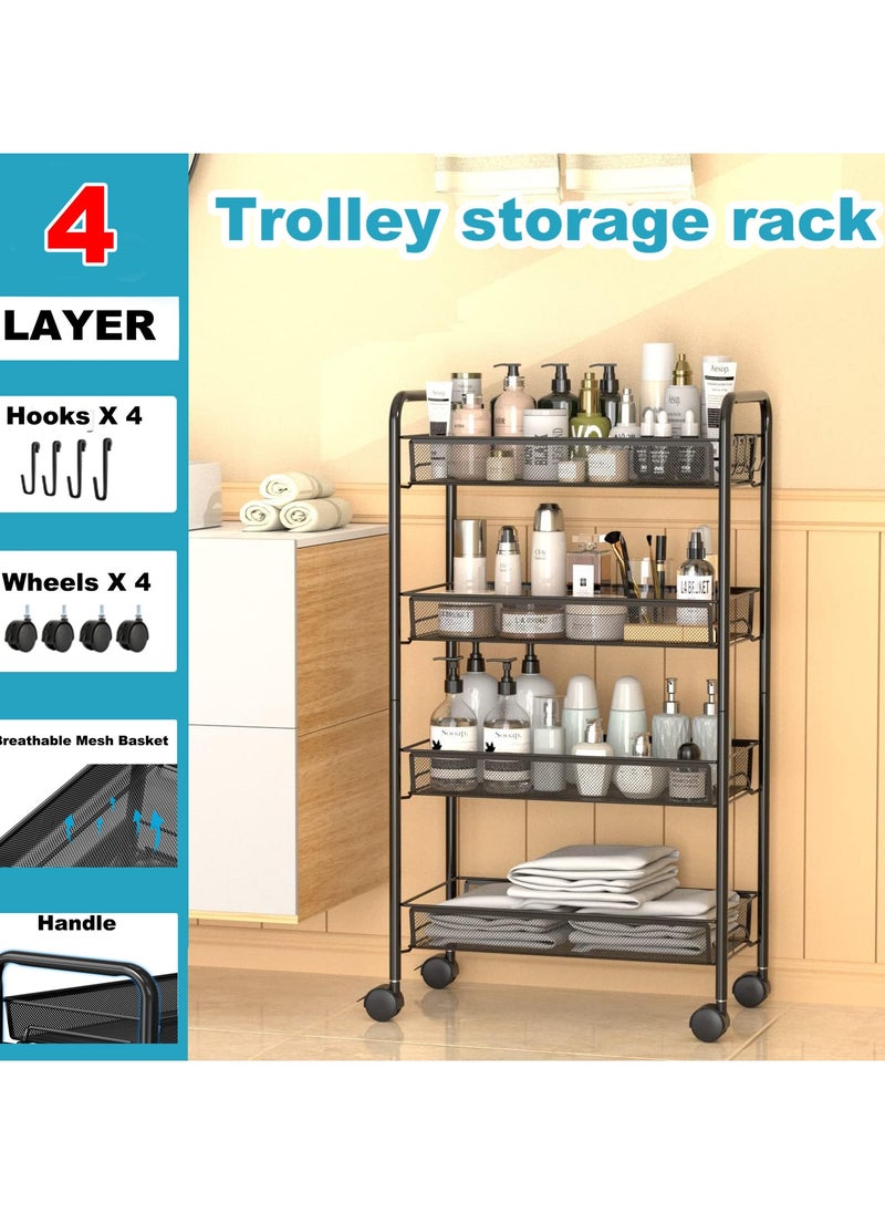 Generic - 4 Tier Mesh Wire Rolling Cart, Kitchen Storage Organizer Utility Cart, Full Metal Basket Storage Art Trolley Carts with Wheels & 4 Side Hooks - Image 1