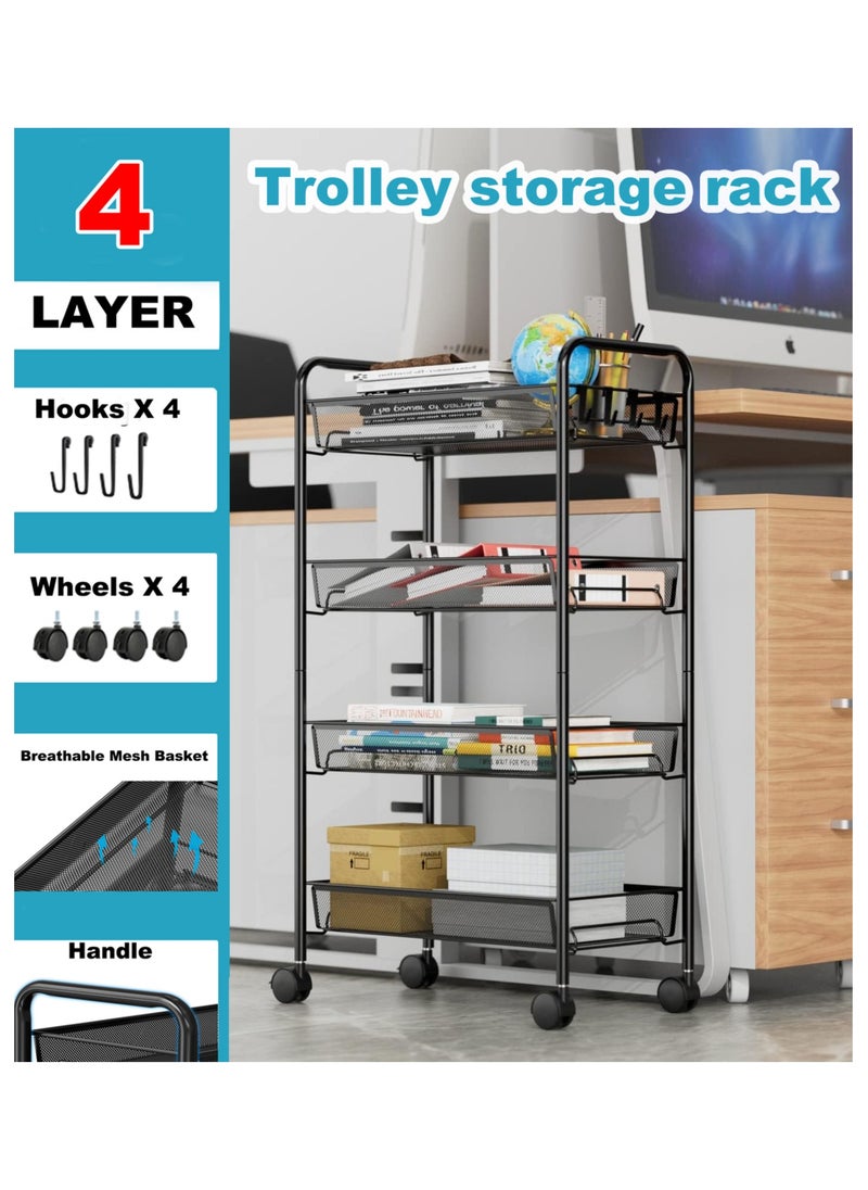 Generic - 4 Tier Mesh Wire Rolling Cart, Kitchen Storage Organizer Utility Cart, Full Metal Basket Storage Art Trolley Carts with Wheels & 4 Side Hooks - Image 1
