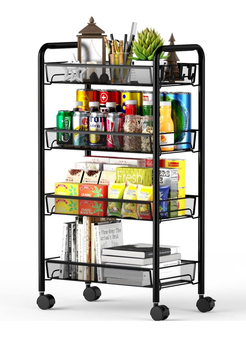 Generic - 4 Tier Mesh Wire Rolling Cart, Kitchen Storage Organizer Utility Cart, Full Metal Basket Storage Art Trolley Carts with Wheels & 4 Side Hooks - Image 1