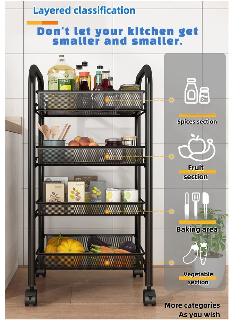 Generic - 4 Tier Mesh Wire Rolling Cart, Kitchen Storage Organizer Utility Cart, Full Metal Basket Storage Art Trolley Carts with Wheels & 4 Side Hooks - Image 1
