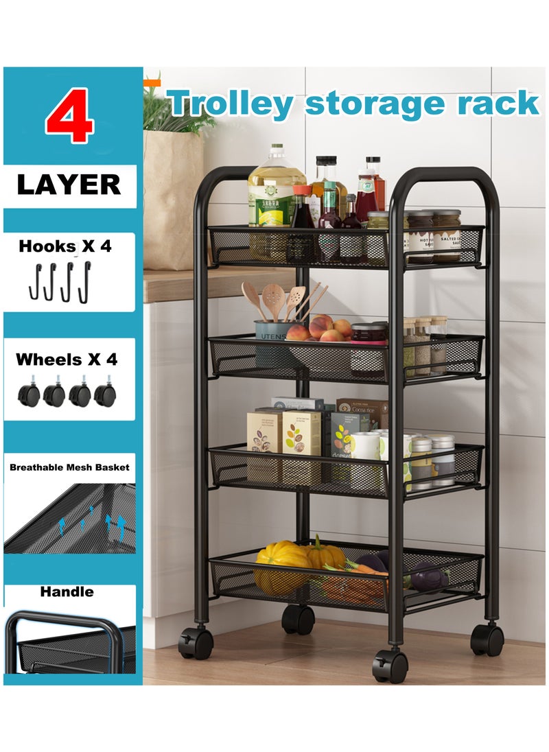 Generic - 4 Tier Mesh Wire Rolling Cart, Kitchen Storage Organizer Utility Cart, Full Metal Basket Storage Art Trolley Carts with Wheels & 4 Side Hooks - Image 1
