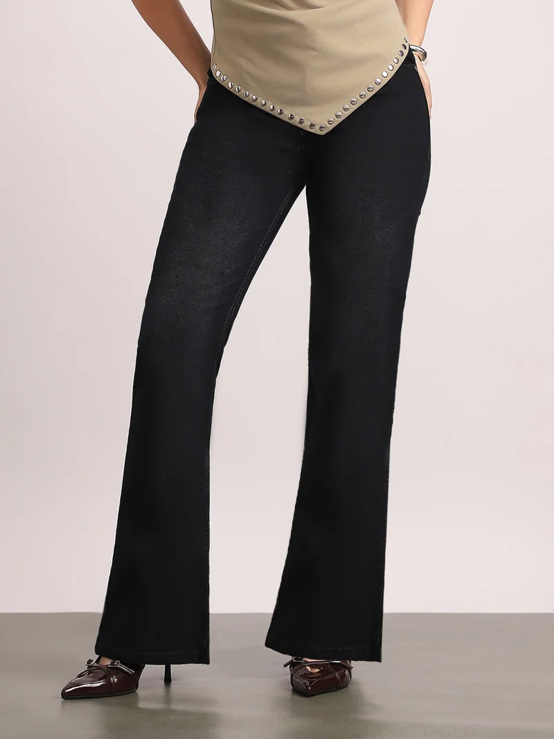 Urbano Fashion Women's Black Mid Rise Bootcut Washed Jeans Stretchable