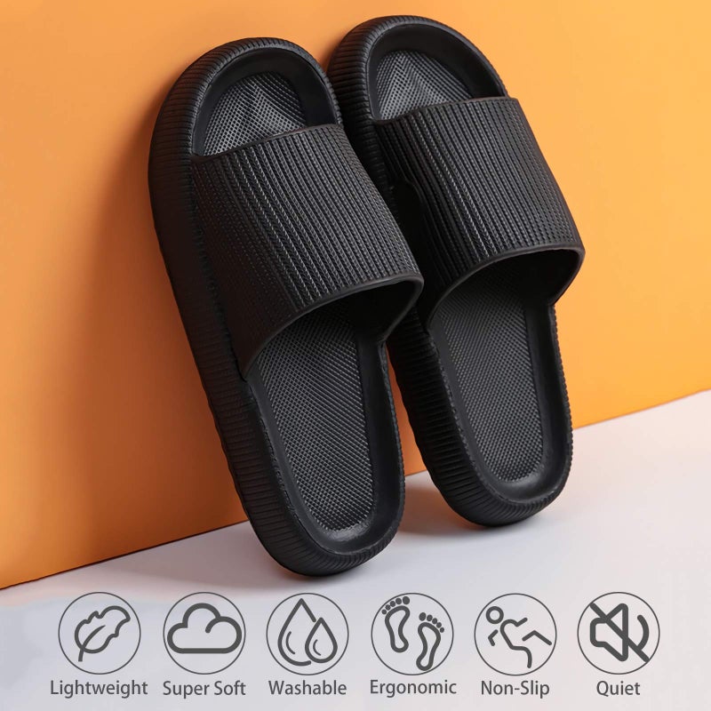 rosyclo Pillow Slipers for and Men, EVA Flat Clouds Massage Shower Bedroom Non Slip Quick Drying Open Toe Super Soft Comfy Thick Sole Puffy Bath Sliders Sandalias, Black - Image 2