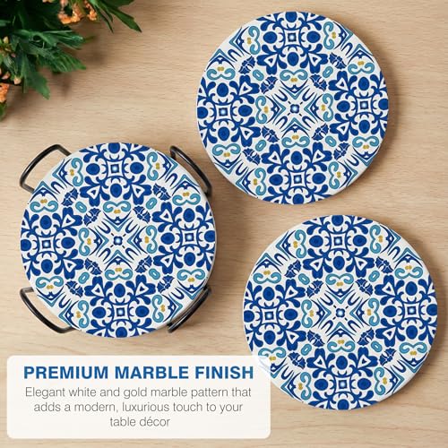 Decor & More - Ceramic Coasters with Matt Finish On Top & Cork Base | Coasters for Cups Set of 6 | Marble Style Ceramic Coaster for Tea, Coffee Table & Dining Table with Metal Holder - Image 4