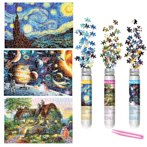 LOSFPVR 234Piece Mini Puzzles for Adults Kids 6 x 4 Small Puzzles 3 Pack Starry Night Astronaut Dusk Village Theo Klein Capsule Tube - Image 1