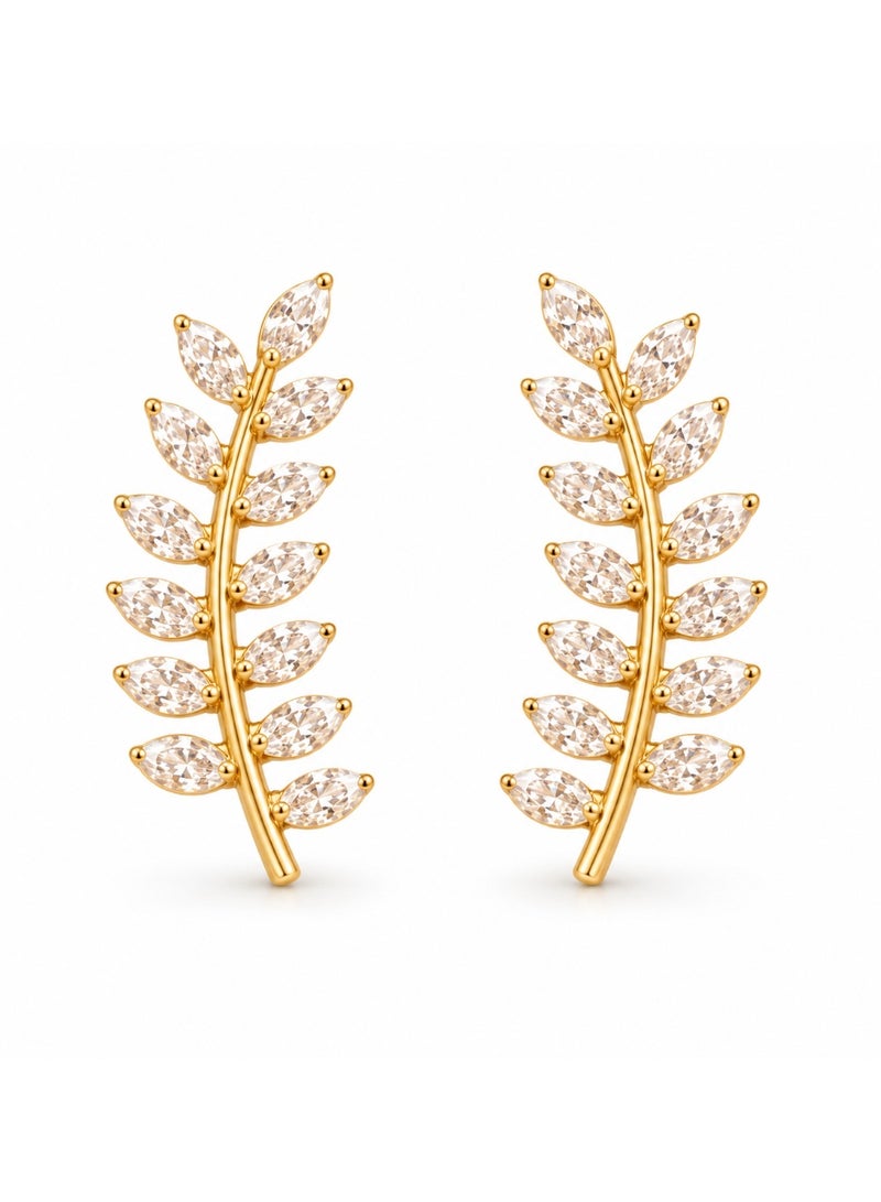 3Diamonds Gold Plated Leaf Drop Earrings with Crystal-Look Shine - Image 1