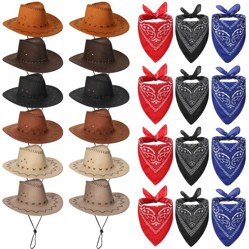 Cindeer 24 Pcs Western Cowboy Hats with Polyester Bandanas Western Cap Suede Leather Hat and Square Bandanas Scarf for Adult(Elegant Color) - Image 1