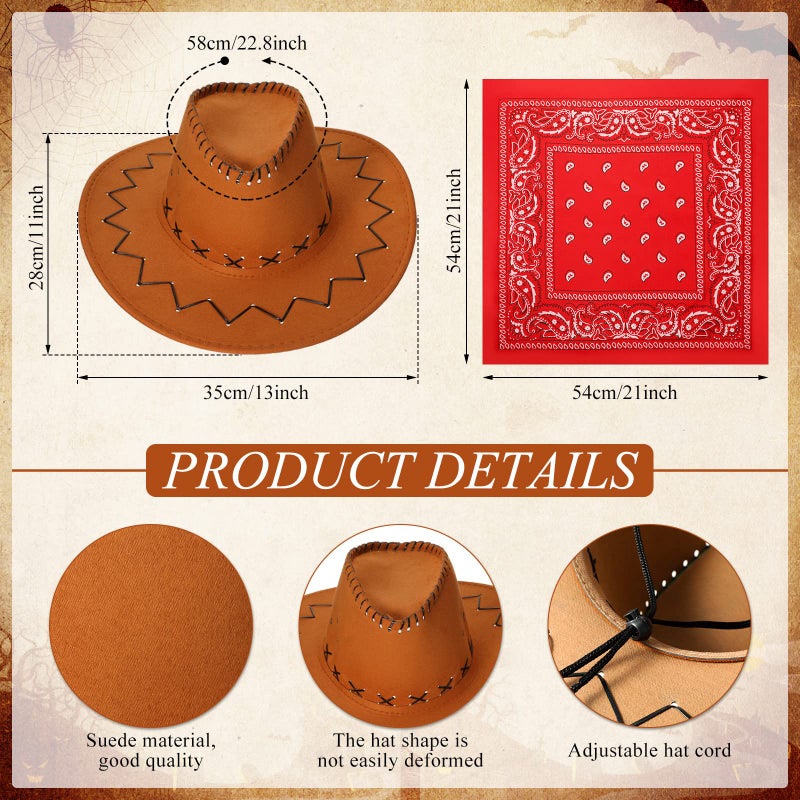 Cindeer 24 Pcs Western Cowboy Hats with Polyester Bandanas Western Cap Suede Leather Hat and Square Bandanas Scarf for Adult(Elegant Color) - Image 2