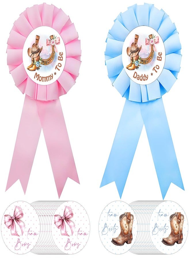 Ohmique 42Pcs Boots or Bows Gender Reveal Decorations Includes 2 Pcs Daddy Mommy to Be Tinplate Badge Pin and 40 Pcs Boots or Bows Gender Reveal Stickers, Team Boy Team Girl Stickers for Baby Shower Favors - Image 1