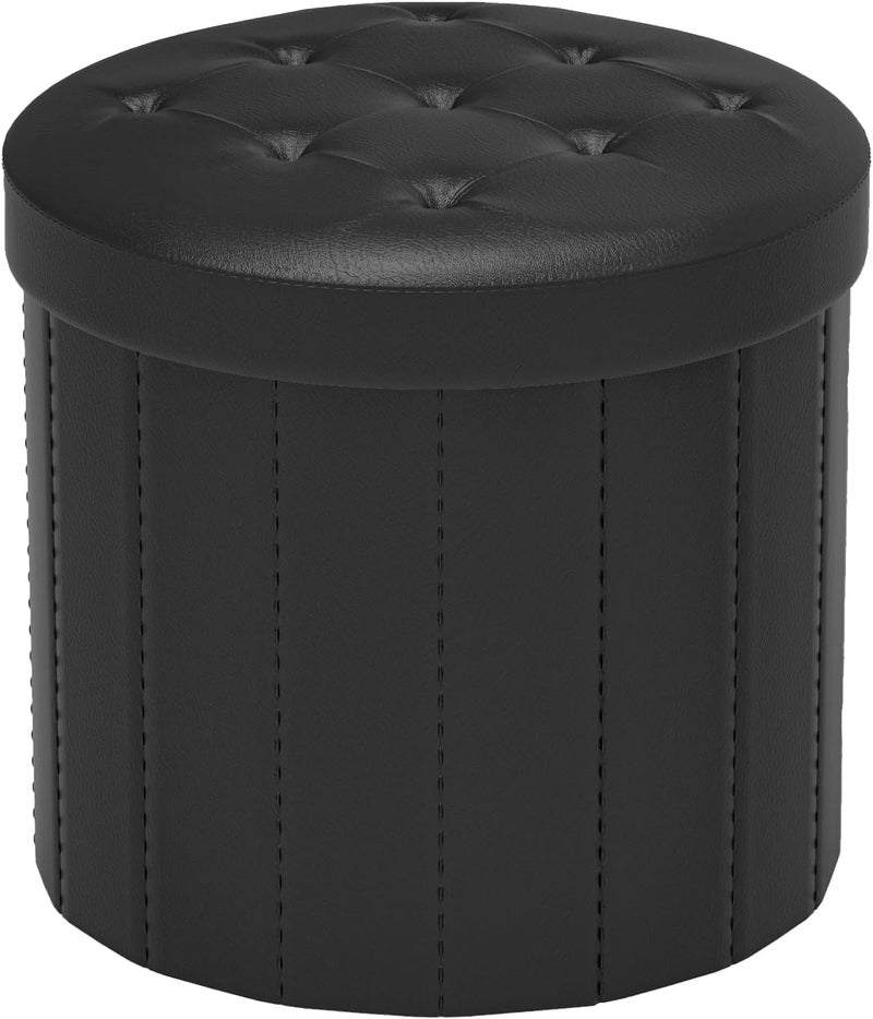Bsketa Folding Storage Ottoman Round 14 x 14 x 13Inch Foot Stool with Thicker Foam Padded Seat Small Leather Storage Ottoman Bench Foot Rest for Living Room Foldable Pouf Coffee TableBlack