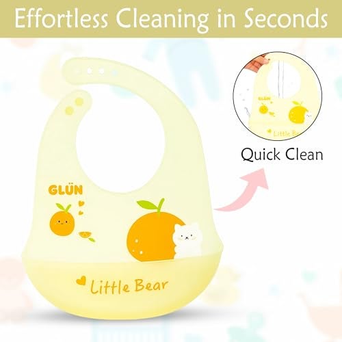 GLUN® Silicone Clear Bib with Front Bowl, Pack of 1 Oranges Print, Easily Wipes Clean, Comfortable Soft Baby Bibs, Less Time Cleaning after Meals for Babies, 6 months - 2 years - Image 4