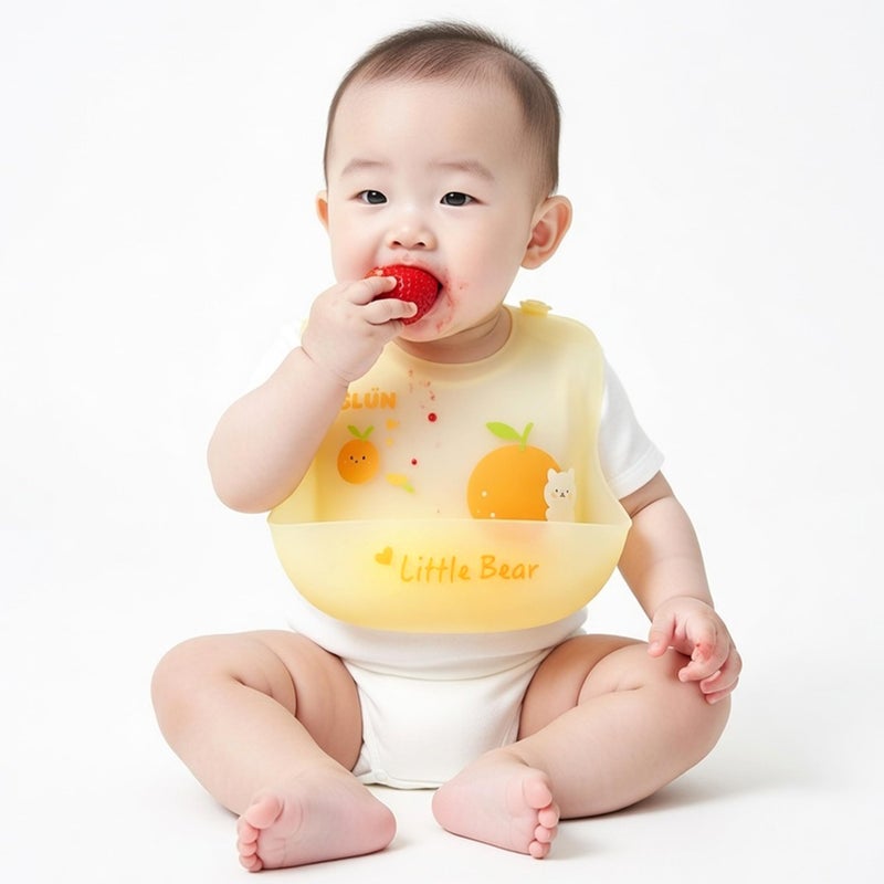 GLUN® Silicone Clear Bib with Front Bowl, Pack of 1 Oranges Print, Easily Wipes Clean, Comfortable Soft Baby Bibs, Less Time Cleaning after Meals for Babies, 6 months - 2 years - Image 5