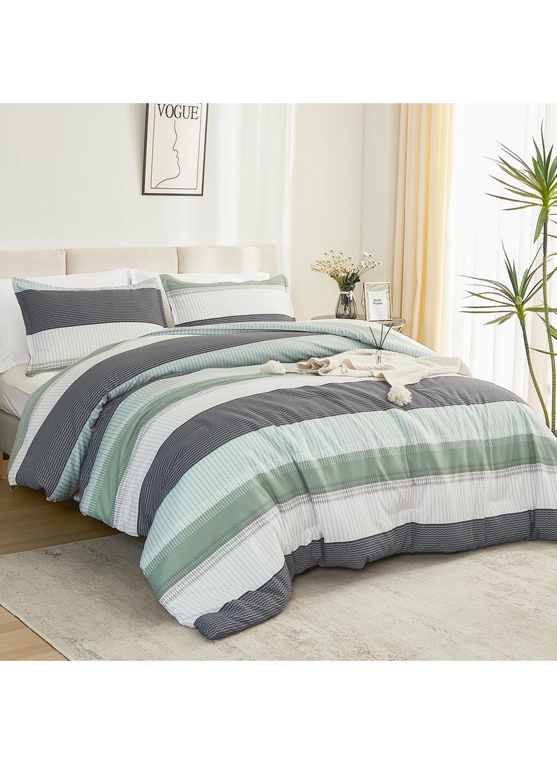 Litanika Litanika King Size Comforter Set Sage Green - 3 Pieces Lightweight Bedding Comforter Sets  Light Green White Colorblock Stripe Fluffy Bed Set  All Season Down Alternative  - Image 3