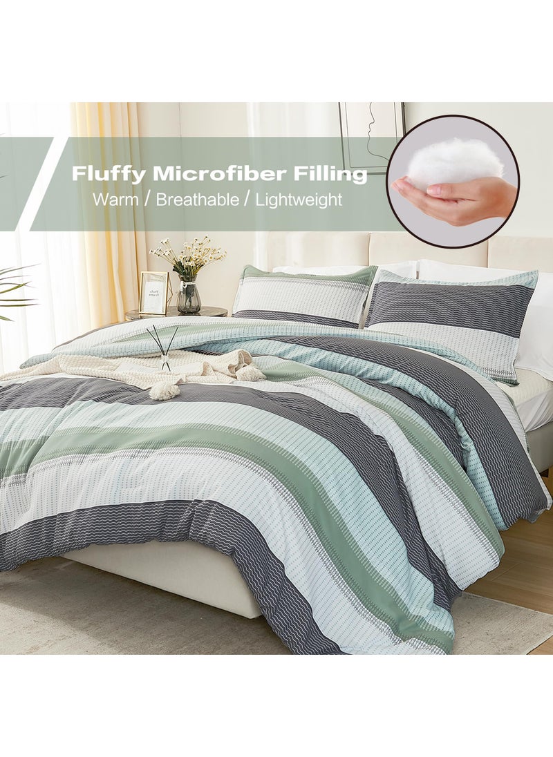 Litanika Litanika King Size Comforter Set Sage Green - 3 Pieces Lightweight Bedding Comforter Sets  Light Green White Colorblock Stripe Fluffy Bed Set  All Season Down Alternative  - Image 2