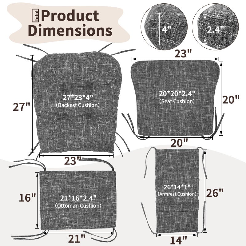 SINOSSO Glider Rocker Cushion Set (5 Pcs), Soft Blended Fabric High-Density Support Foam Seat Cushions with Ties, Fits Rocking Chair/Nursery Glider & Ottoman, Light Gray - Image 2