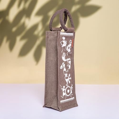 Jute Cottage Men's and Women's Eco-Friendly Printed Water Bottle Jute Bag (Brown) - Image 2