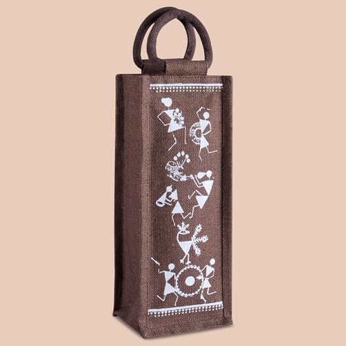 Jute Cottage Men's and Women's Eco-Friendly Printed Water Bottle Jute Bag (Brown) - Image 3