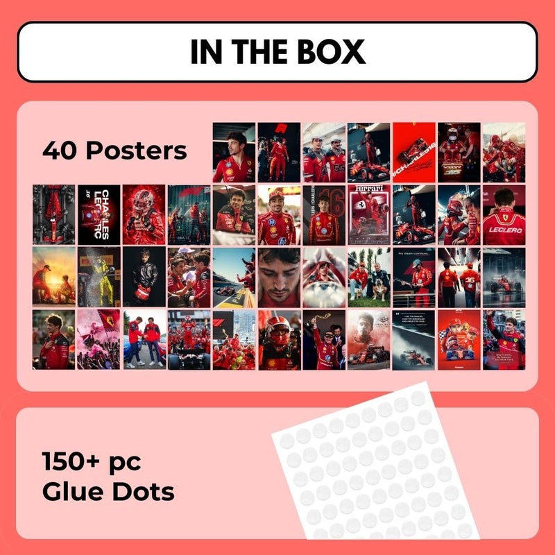 auraposter Charles Leclerc Poster (Set of 40) | Formula 1 Posters (15 x10 cm) | Ferrari Formula One Poster Charles Leclerc MiniPosters for Wall, Bedroom, Living roo m | Posters | Glue Dots Included - Image 4