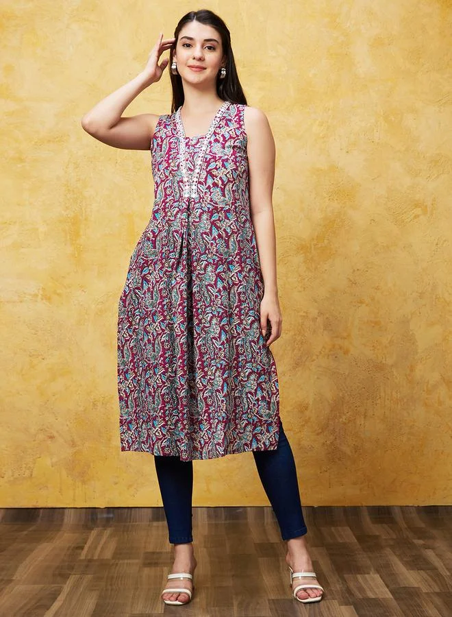 globus Printed Sleeveless A-Line Kurta