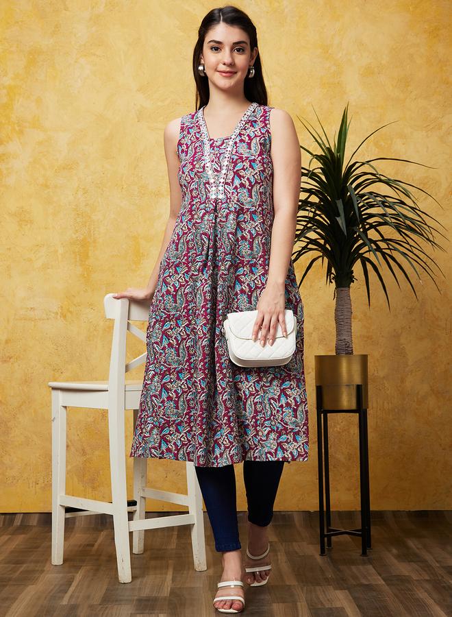 globus Printed Sleeveless A-Line Kurta - Image 1