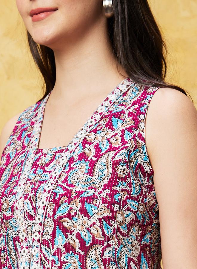 globus Printed Sleeveless A-Line Kurta - Image 4