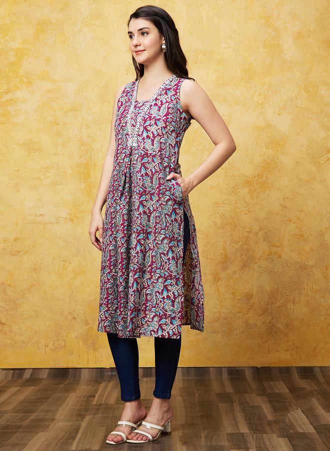 globus Printed Sleeveless A-Line Kurta - Image 2
