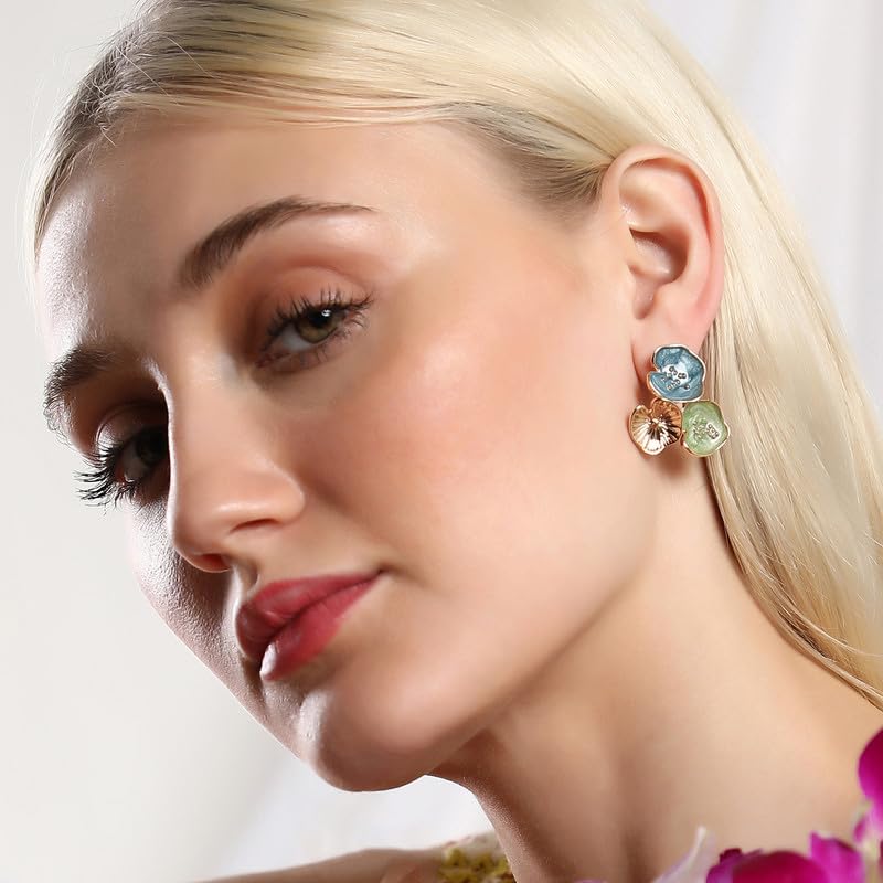 SOHI Women's The Small Lilypad Stud Earrings For Casual Wear | Indigo Blue & Olive Green Colour | Alloy Material | Push Back Closure | Metallic Earrings | Fashion Stud Earrings For Women & Girls - Image 3