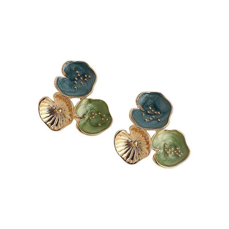 SOHI Women's The Small Lilypad Stud Earrings For Casual Wear | Indigo Blue & Olive Green Colour | Alloy Material | Push Back Closure | Metallic Earrings | Fashion Stud Earrings For Women & Girls - Image 1