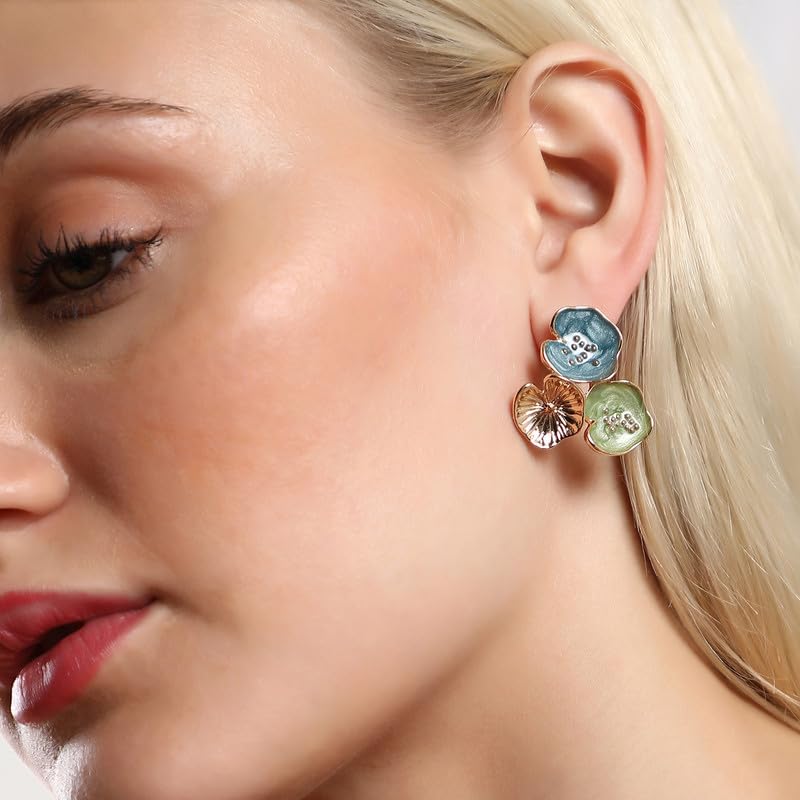 SOHI Women's The Small Lilypad Stud Earrings For Casual Wear | Indigo Blue & Olive Green Colour | Alloy Material | Push Back Closure | Metallic Earrings | Fashion Stud Earrings For Women & Girls - Image 4