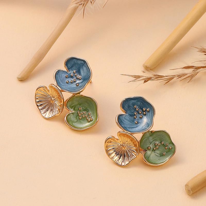 SOHI Women's The Small Lilypad Stud Earrings For Casual Wear | Indigo Blue & Olive Green Colour | Alloy Material | Push Back Closure | Metallic Earrings | Fashion Stud Earrings For Women & Girls - Image 2