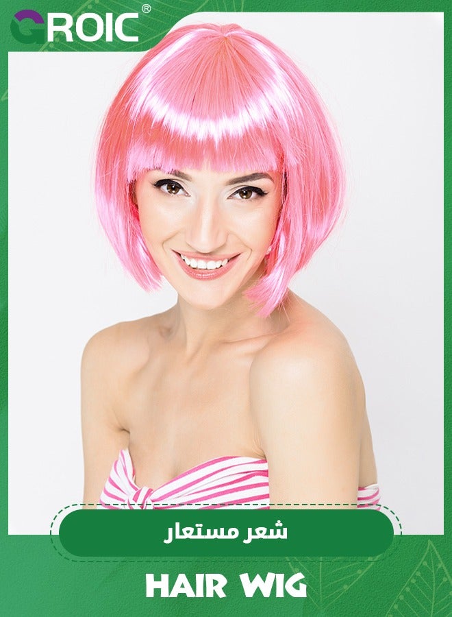 GROIC LLight Pink Bob Wig for Women Straight Pink Bob Wigs with Bangs Syntheic Colorful Cosplay Short Pink Wig Bob for Women Costume - Image 4