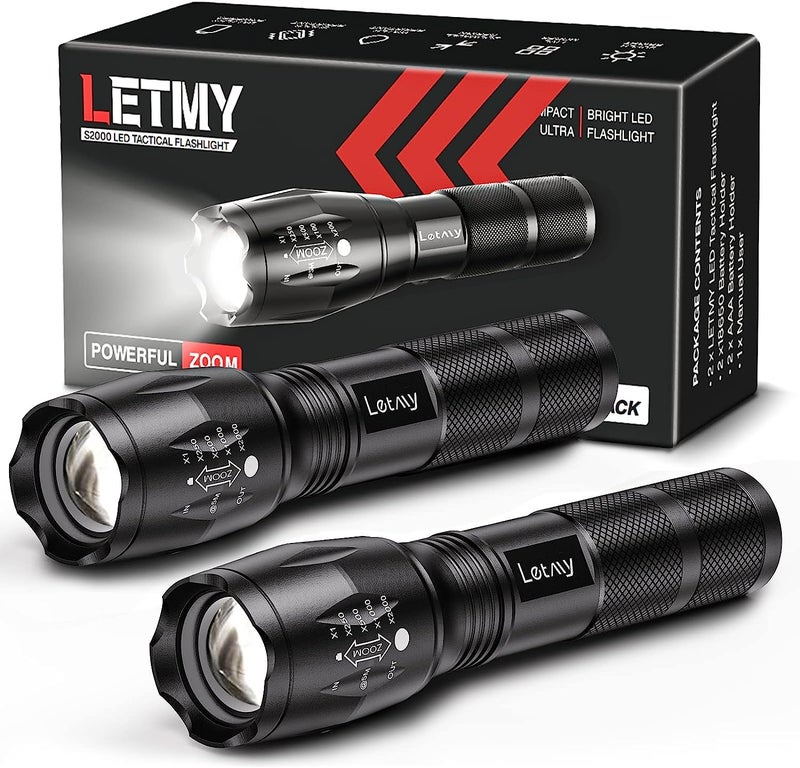 LETMY Tactical Flashlight S20002 Pack Bright Military Grade LED Flashlights High Lumens Portable Handheld Flash Light 5 Modes Zoomable Waterproof Flashlights for Home Emergency Camping Outdoor
