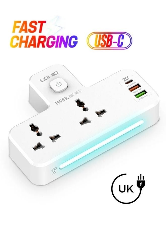 3 in 1 Outlet Extension, 2 Universal Outlets, 20W USB-C Quick Charge, 2 USB-A QC3.0 Fast Charging Ports, Touch-Control LED Lamp, 2500W Load, Child Safety Shutters, Anti-Flame PC – Ideal for Home & Office