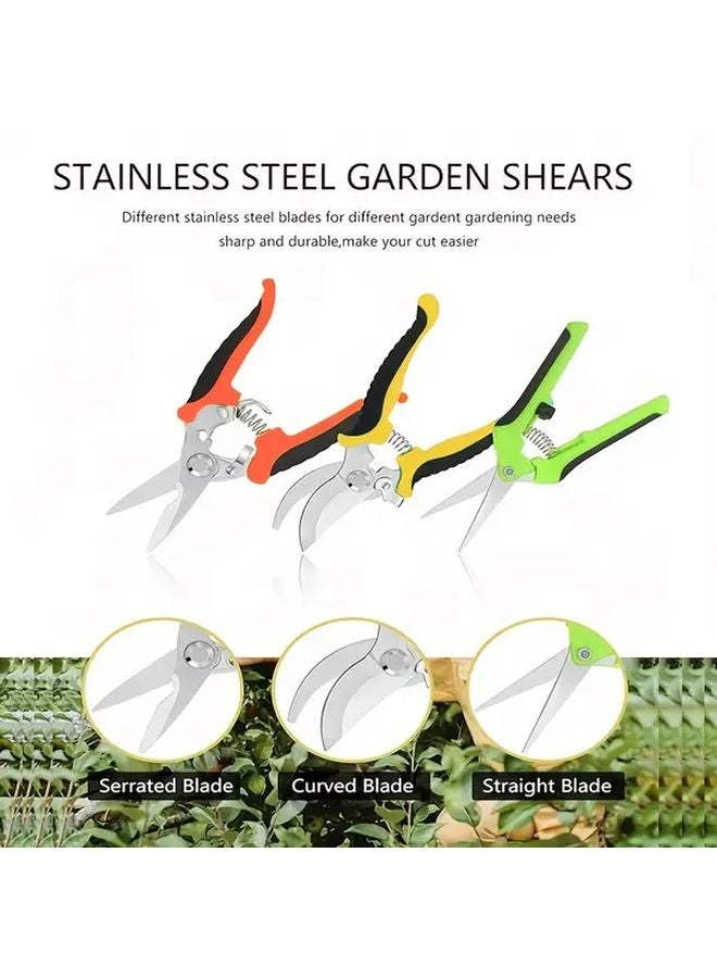 3 Piece Garden Pruning Shears Set Non Slip Grips Yellow Orange Green - Image 1