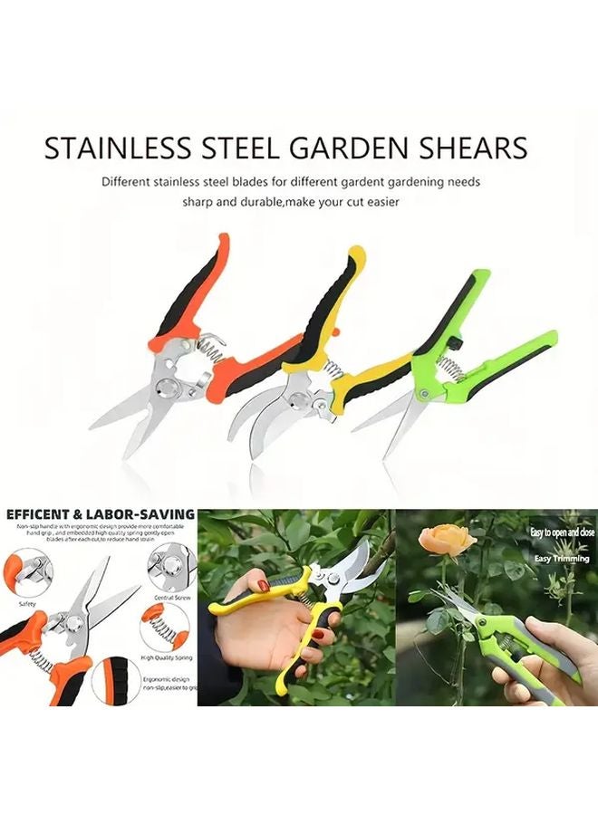 3 Piece Garden Pruning Shears Set Non Slip Grips Yellow Orange Green - Image 3