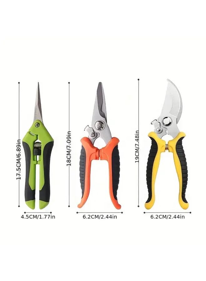 3 Piece Garden Pruning Shears Set Non Slip Grips Yellow Orange Green - Image 4