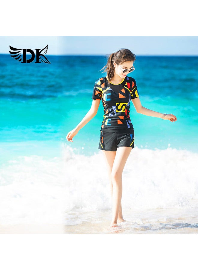 Dk Conservative Two-piece Swimsuit For Women, Push-up Bra, Slimming, Tummy Control, Short-sleeve Swimwear For Hot Springs And Swimming - Image 1
