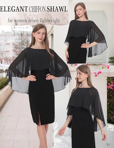 Baoqiya Women's Capelet Shawls and Wraps for Evening Dresses Soft Bridesmaid Shawl Chiffon Cape Wedding Cover Up (Black) - Image 4