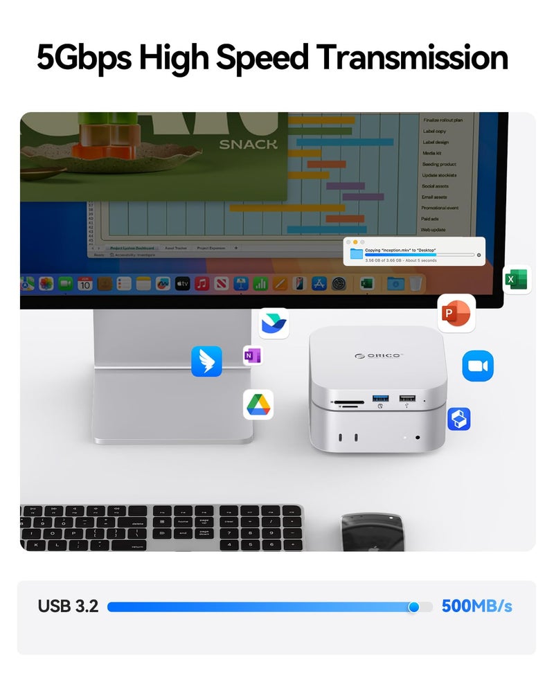 Orico محطة إرساء وتخزين ORICO MiniMate SE Mac mini M4 سعة 1 تيرابايت، SSD SATA خارجي (غير قابل للإزالة) بسرعة 5 جيجابت في الثانية (480 ميجابايت/ثانية)، USB A*4، USB-C، SD/TF 3.0، صوت 3.5 مم، تشمل كابلين - M4SE - Image 5