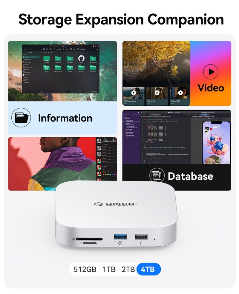 Orico محطة إرساء وتخزين ORICO MiniMate SE Mac mini M4 سعة 1 تيرابايت، SSD SATA خارجي (غير قابل للإزالة) بسرعة 5 جيجابت في الثانية (480 ميجابايت/ثانية)، USB A*4، USB-C، SD/TF 3.0، صوت 3.5 مم، تشمل كابلين - M4SE - Image 3