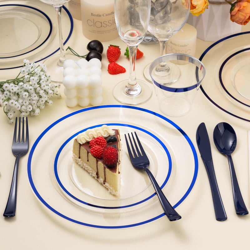 Beststar 350PCS Blue and Clear Plastic Dinnerware Sets for 50 Guests  Include 100 Blue Disposable Plates  100 Forks  50 Knives  50 Spoons  50 Cups - Image 3