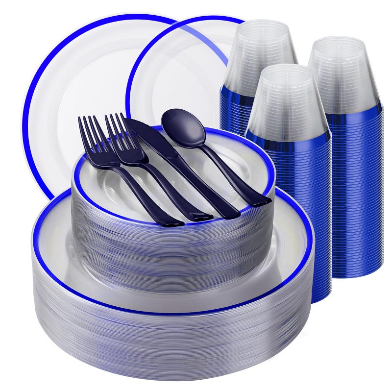 Beststar 350PCS Blue and Clear Plastic Dinnerware Sets for 50 Guests  Include 100 Blue Disposable Plates  100 Forks  50 Knives  50 Spoons  50 Cups - Image 1