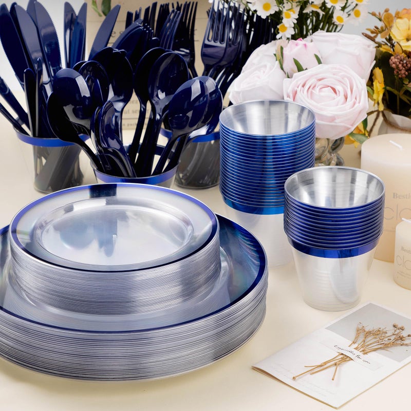 Beststar 350PCS Blue and Clear Plastic Dinnerware Sets for 50 Guests  Include 100 Blue Disposable Plates  100 Forks  50 Knives  50 Spoons  50 Cups - Image 4