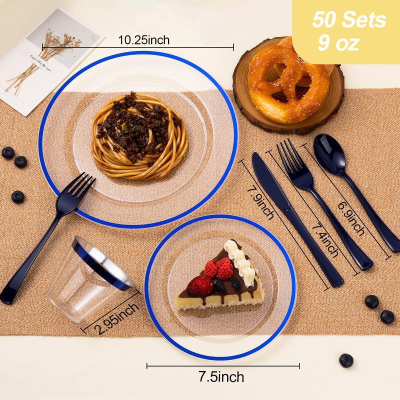 Beststar 350PCS Blue and Clear Plastic Dinnerware Sets for 50 Guests  Include 100 Blue Disposable Plates  100 Forks  50 Knives  50 Spoons  50 Cups - Image 2